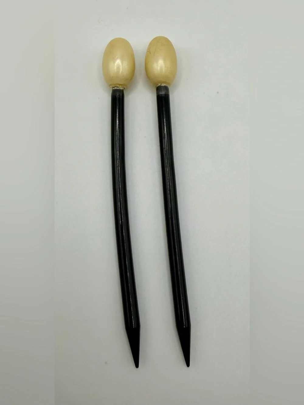 2 Vtg Art Deco Hair Stick French Black Celluloid Faux Pearl Ball Top Bun Pin Lot